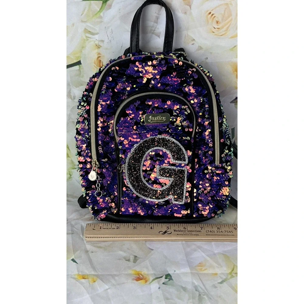 JUSTICE Backpack Purse Monogram Letter G Flip Sequins Multi-color Purple Gold